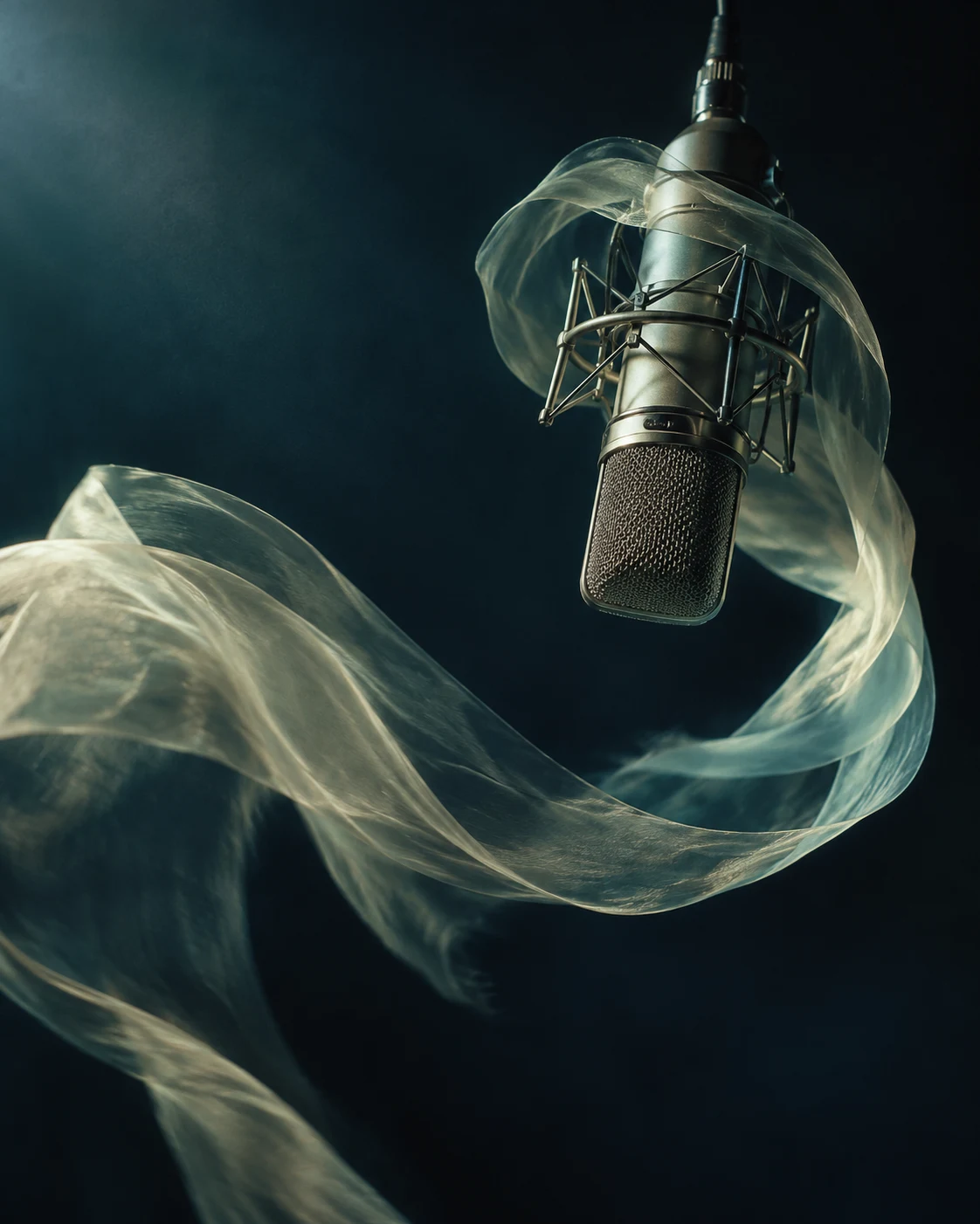 A sculptural microphone wrapped in flowing silk